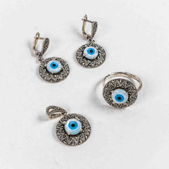 Set Bijuterii STILL Argint 925 - Pandantiv,  Inel,  Cercei, Sidef si Marcasite, Marime Inel 9, Multicolor