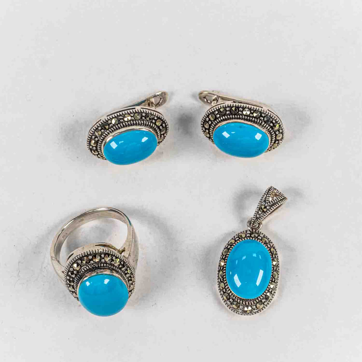 Set Bijuterii STILL Argint 925 - Pandantiv,  Inel,  Cercei, Turcoaz si Marcasite, Marime Inel 8, Albastru