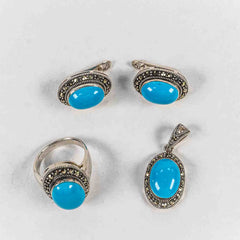 Set Bijuterii STILL Argint 925 - Pandantiv,  Inel,  Cercei, Turcoaz si Marcasite, Marime Inel 8, Albastru