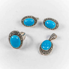 Set Bijuterii STILL Argint 925 - Pandantiv,  Inel,  Cercei, Turcoaz si Marcasite, Marime Inel 8, Albastru