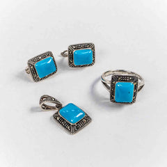 Set Bijuterii STILL Argint 925 - Pandantiv,  Inel,  Cercei, Turcoaz si Marcasite, Marime Inel 9, Albastru