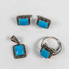 Set Bijuterii STILL Argint 925 - Pandantiv,  Inel,  Cercei, Turcoaz si Marcasite, Marime Inel 9, Albastru
