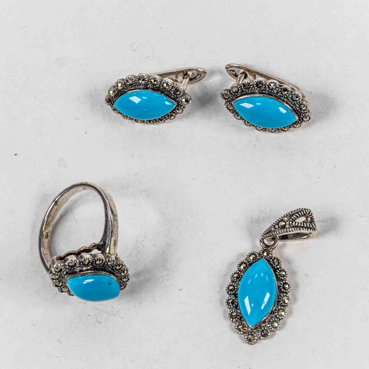 Set Bijuterii STILL Argint 925 - Pandantiv,  Inel,  Cercei, Turcoaz si Marcasite, Marime Inel 7, Albastru