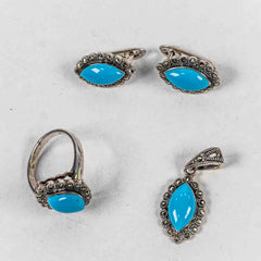 Set Bijuterii STILL Argint 925 - Pandantiv,  Inel,  Cercei, Turcoaz si Marcasite, Marime Inel 7, Albastru