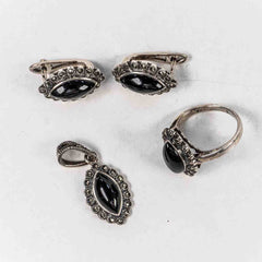 Set Bijuterii STILL Argint 925 - Pandantiv, Cercei, Onix si Marcasite, Negru