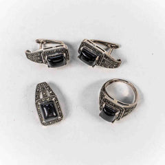Set Bijuterii STILL Argint 925 - Pandantiv,  Inel,  Cercei, Onix si Marcasite, Marime Inel 6, Negru