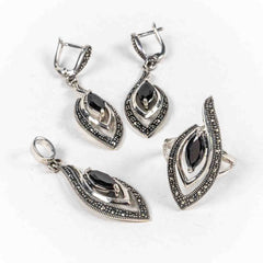 Set Bijuterii STILL Argint 925 - Pandantiv,  Inel,  Cercei, Zirconia si Marcasite, Marime Inel 8, Negru