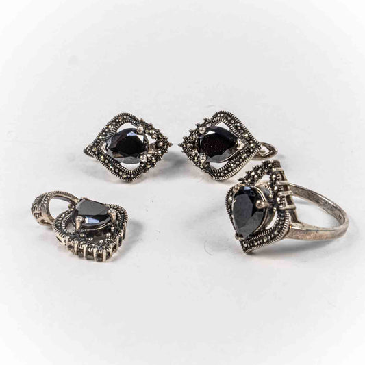 Set Bijuterii STILL Argint 925 - Pandantiv,  Inel,  Cercei, Zirconia si Marcasite, Marime Inel 8, Negru