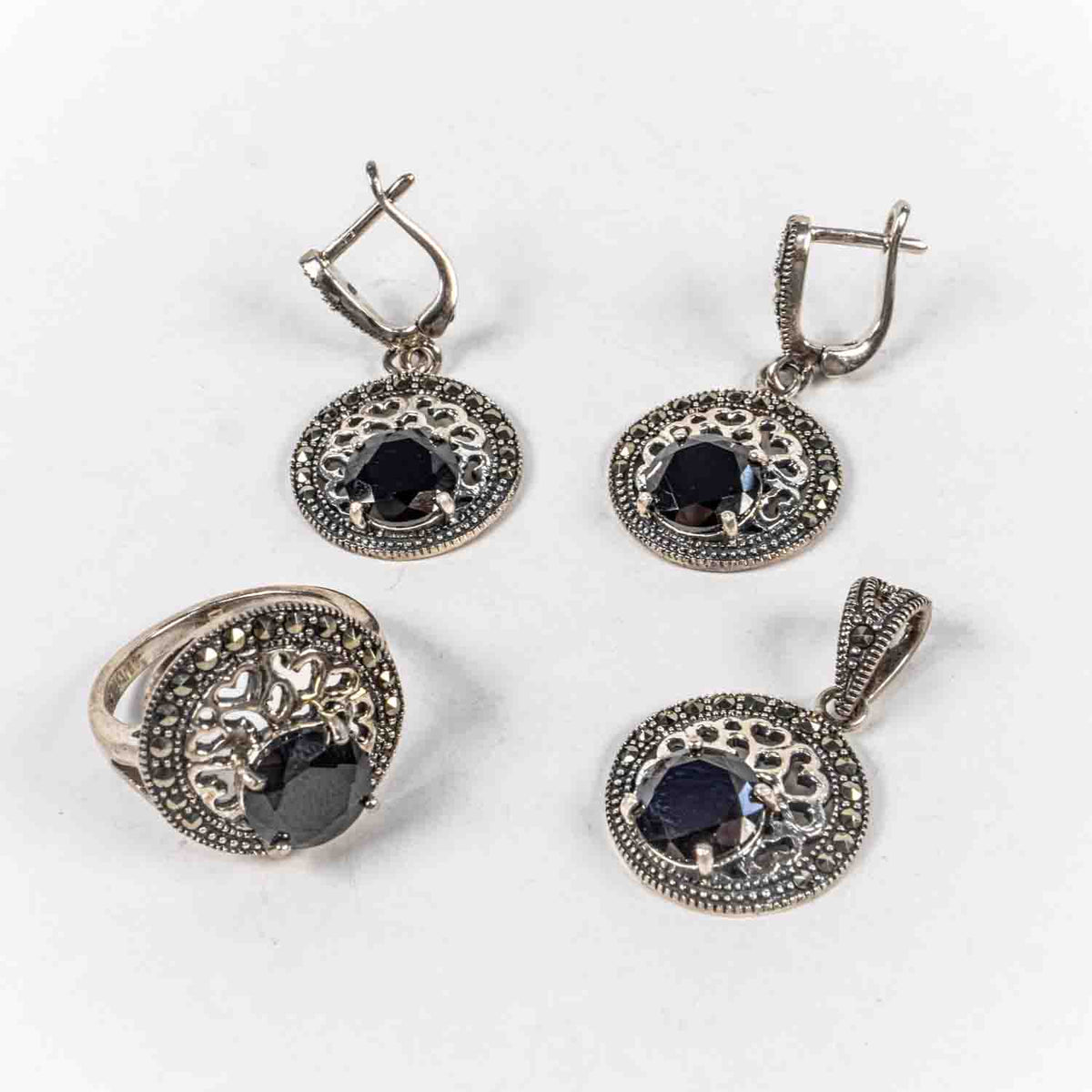 Set Bijuterii STILL Argint 925 - Pandantiv,  Inel,  Cercei, Zirconia si Marcasite, Marime Inel 8, Negru