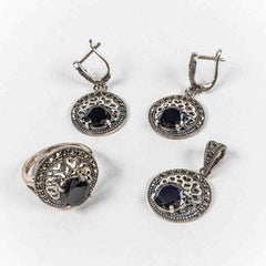 Set Bijuterii STILL Argint 925 - Pandantiv,  Inel,  Cercei, Zirconia si Marcasite, Marime Inel 8, Negru