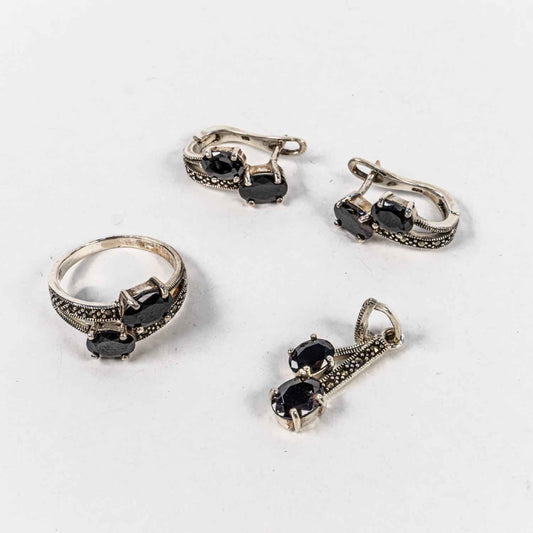 Set Bijuterii STILL Argint 925 - Pandantiv,  Inel,  Cercei, Zirconia si Marcasite, Marime Inel 7, Negru