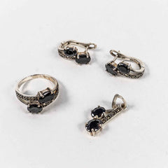 Set Bijuterii STILL Argint 925 - Pandantiv,  Inel,  Cercei, Zirconia si Marcasite, Marime Inel 7, Negru