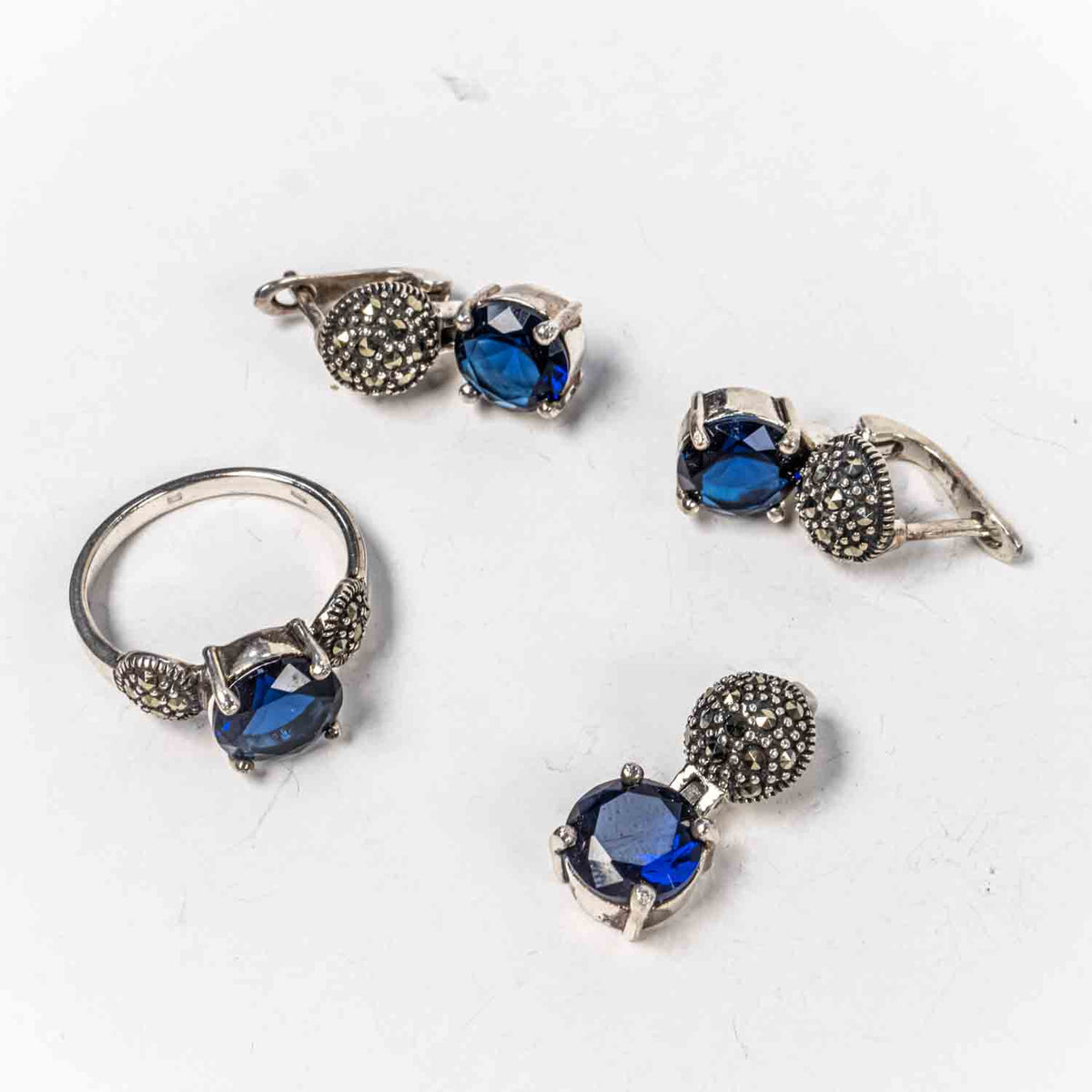 Set Bijuterii STILL Argint 925 - Pandantiv,  Inel,  Cercei, Zirconia si Marcasite, Marime Inel 8, Albastru