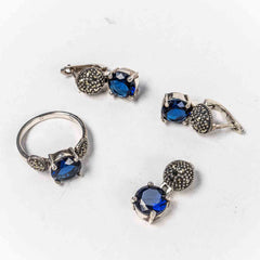 Set Bijuterii STILL Argint 925 - Pandantiv,  Inel,  Cercei, Zirconia si Marcasite, Marime Inel 8, Albastru