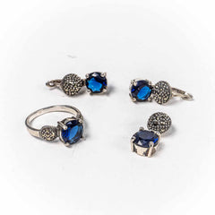 Set Bijuterii STILL Argint 925 - Pandantiv,  Inel,  Cercei, Zirconia si Marcasite, Marime Inel 8, Albastru