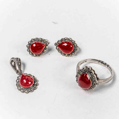 Set Bijuterii STILL Argint 925 - Pandantiv,  Inel,  Cercei, Carneol si Marcasite, Marime Inel 9, Rosu