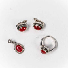 Set Bijuterii STILL Argint 925 - Pandantiv,  Inel,  Cercei, Carneol si Marcasite, Marime Inel 8, Rosu
