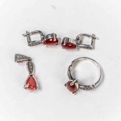 Set Bijuterii STILL Argint 925 - Pandantiv,  Inel,  Cercei, Carneol si Marcasite, Marime Inel 9, Rosu