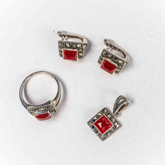 Set Bijuterii STILL Argint 925 - Pandantiv,  Inel,  Cercei, Carneol si Marcasite, Marime Inel 8, Rosu