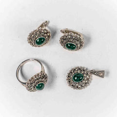 Set Bijuterii STILL Argint 925 - Pandantiv,  Inel,  Cercei, Calcedonia si Marcasite, Marime Inel 8, Verde