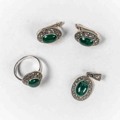 Set Bijuterii STILL Argint 925 - Pandantiv,  Inel,  Cercei, Calcedonia si Marcasite, Marime Inel 8, Verde