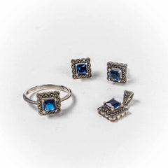 Set Bijuterii STILL Argint 925 - Pandantiv,  Inel,  Cercei, Zirconia si Marcasite, Marime Inel 9, Albastru