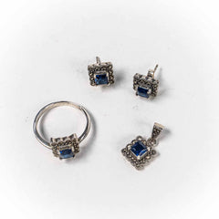 Set Bijuterii STILL Argint 925 - Pandantiv,  Inel,  Cercei, Zirconia si Marcasite, Marime Inel 9, Albastru