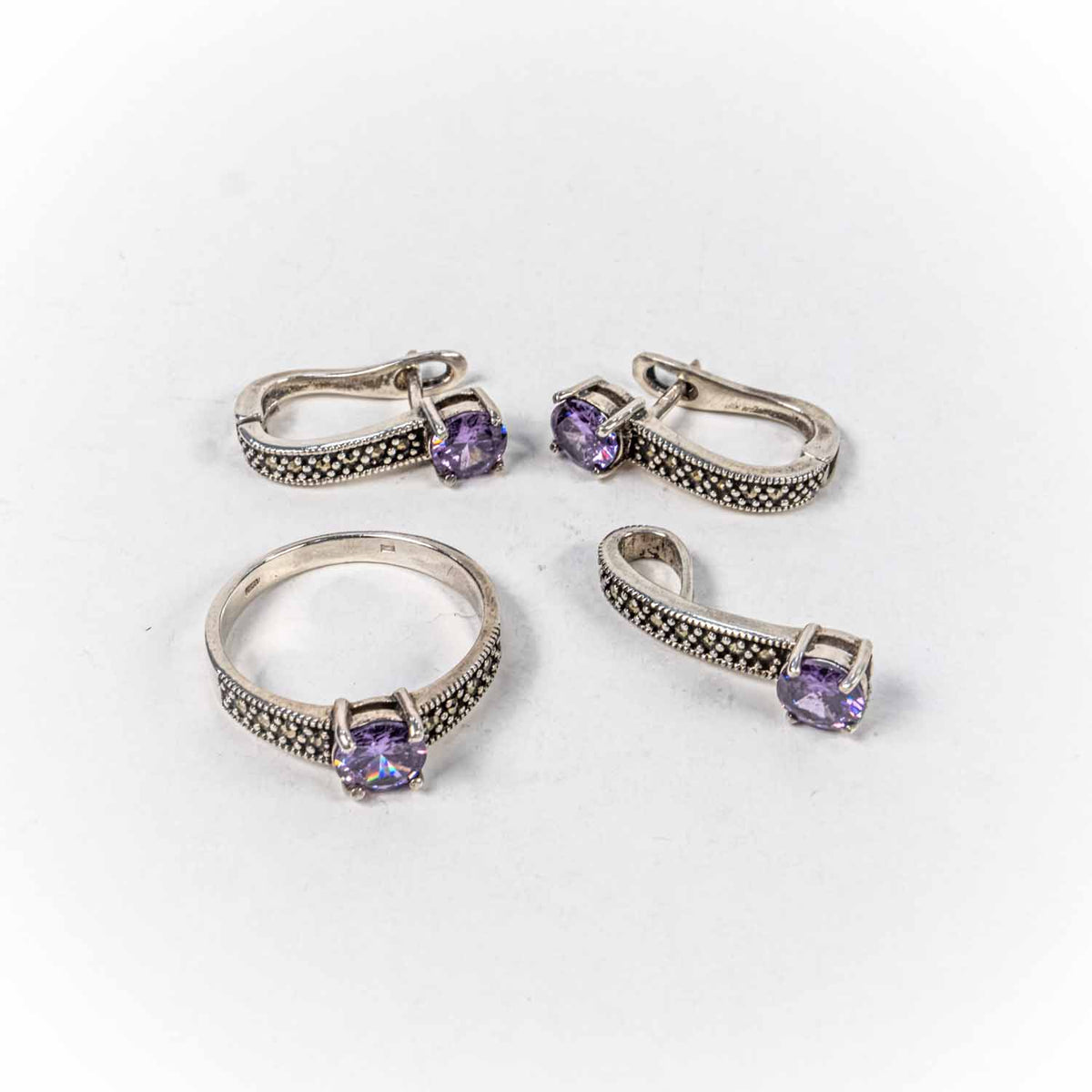 Set Bijuterii STILL Argint 925 - Pandantiv,  Inel,  Cercei, Zirconia si Marcasite, Marime Inel 8, Violet