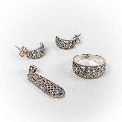 Set Bijuterii STILL Argint 925 - Pandantiv,  Inel,  Cercei, Marcasite, Marime Inel 8, Gri Metalic