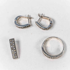 Set Bijuterii STILL Argint 925 - Pandantiv,  Inel,  Cercei, Marcasite, Marime Inel 6, Gri Metalic