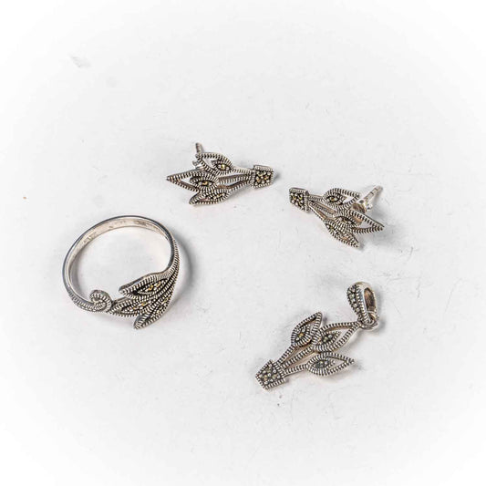 Set Bijuterii STILL Argint 925 - Pandantiv,  Inel,  Cercei, Marcasite, Marime Inel 7  Gri Metalic