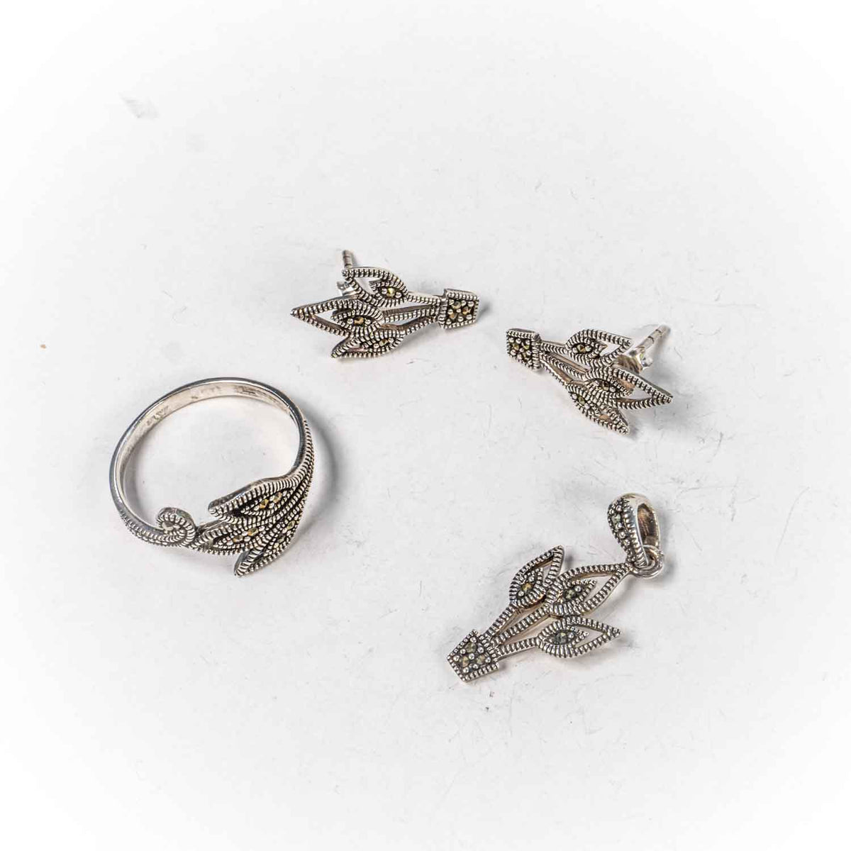 Set Bijuterii STILL Argint 925 - Pandantiv,  Inel,  Cercei, Marcasite, Marime Inel 8, Gri Metalic