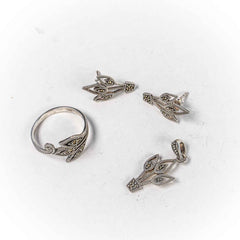 Set Bijuterii STILL Argint 925 - Pandantiv,  Inel,  Cercei, Marcasite, Marime Inel 8, Gri Metalic