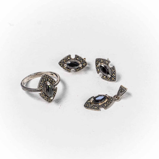 Set Bijuterii STILL Argint 925 - Pandantiv,  Inel,  Cercei, Zirconia si Marcasite, Marime Inel 7, Negru