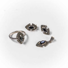 Set Bijuterii STILL Argint 925 - Pandantiv,  Inel,  Cercei, Zirconia si Marcasite, Marime Inel 7, Negru