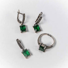 Set Bijuterii STILL Argint 925 - Pandantiv,  Inel,  Cercei, Zirconia si Marcasite, Marime Inel 7, Verde