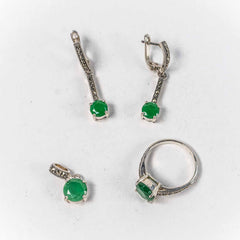 Set Bijuterii STILL Argint 925 - Pandantiv,  Inel,  Cercei, Radacina de Safir si Marcasite, Marime Inel 9, Verde