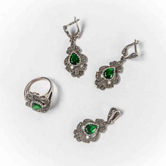 Set Bijuterii STILL Argint 925 - Pandantiv,  Inel,  Cercei, Zirconia si Marcasite, Marime Inel 8, Verde