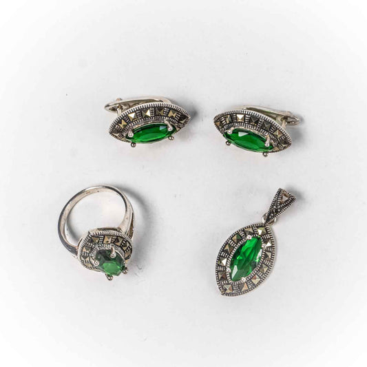 Set Bijuterii STILL Argint 925 - Pandantiv,  Inel,  Cercei, Zirconia si Marcasite, Marime Inel 8, Verde