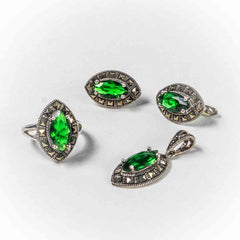Set Bijuterii STILL Argint 925 - Pandantiv,  Inel,  Cercei, Zirconia si Marcasite, Marime Inel 8, Verde