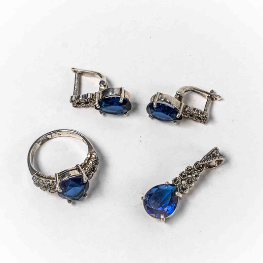 Set Bijuterii STILL Argint 925 - Pandantiv,  Inel,  Cercei, Zirconia si Marcasite, Marime Inel 7,5, Albastru,disponibil si cu piatra mov(8),rosie(8)