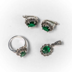 Set Bijuterii STILL Argint 925 - Pandantiv,  Inel,  Cercei, Zirconia si Marcasite, Marime Inel 8, Verde