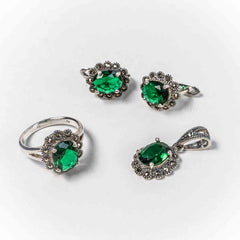 Set Bijuterii STILL Argint 925 - Pandantiv,  Inel,  Cercei, Zirconia si Marcasite, Marime Inel 8, Verde