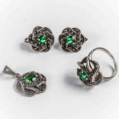 Set Bijuterii STILL Argint 925 - Pandantiv,  Inel,  Cercei, Zirconia si Marcasite, Marime Inel 9, Verde