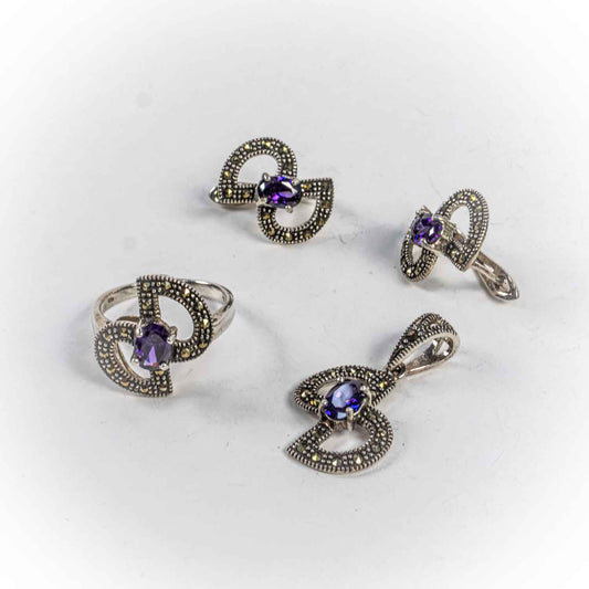 Set Bijuterii STILL Argint 925 - Pandantiv,  Inel,  Cercei, Ametist si Marcasite, Marime Inel 8, Violet(disponibil si cu piatra neagra(8),rosie(8,9),albastra(8)