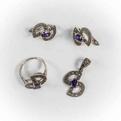 Set Bijuterii STILL Argint 925 - Pandantiv,  Inel,  Cercei, Ametist si Marcasite, Marime Inel 8, Violet