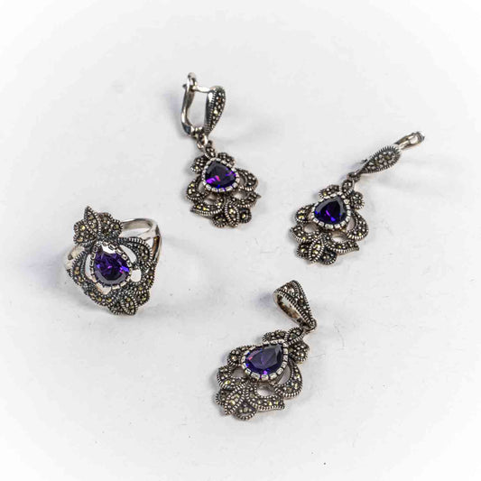 Set Bijuterii STILL Argint 925 - Pandantiv,  Inel,  Cercei, Zirconia, Marime Inel 8, Violet