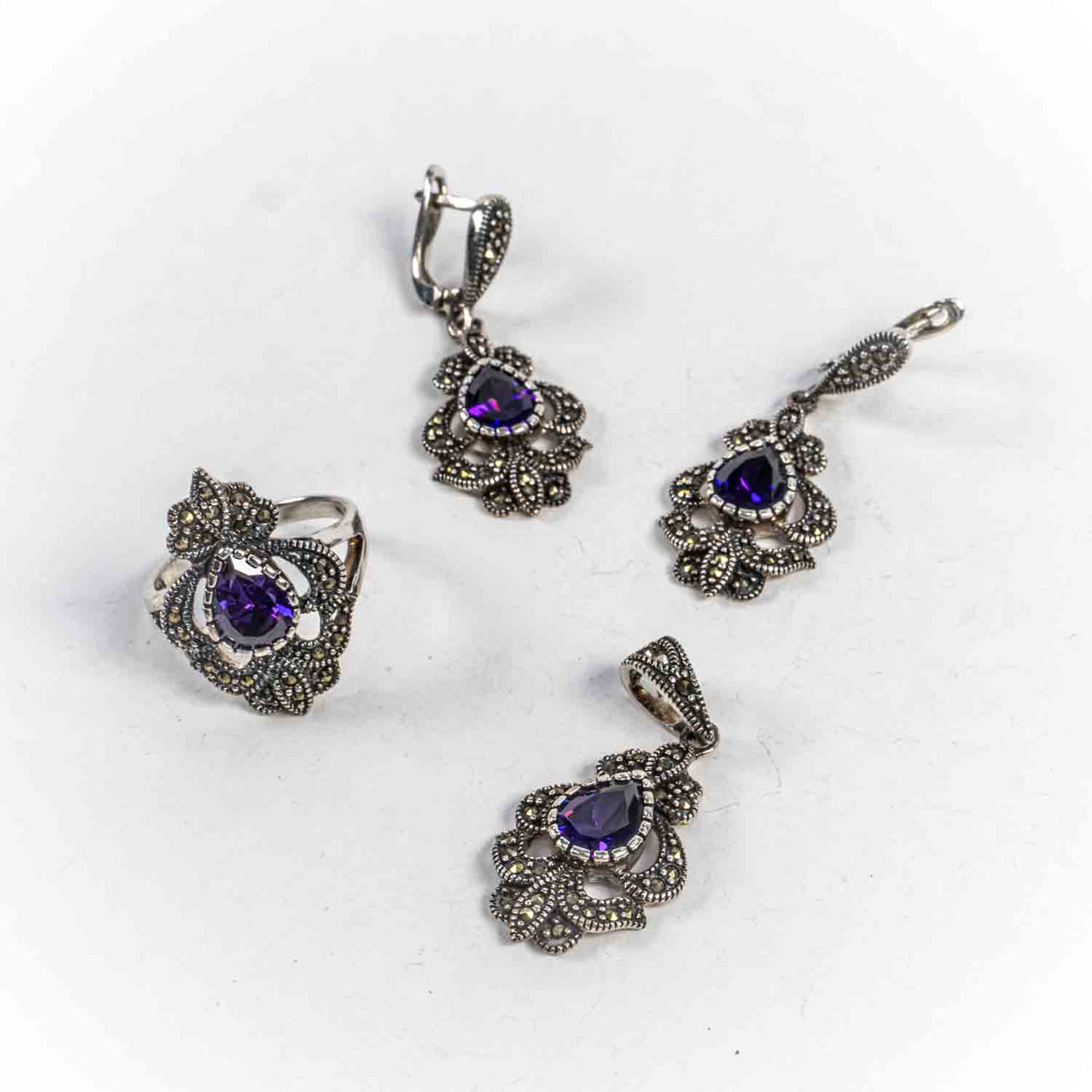 Set Bijuterii STILL Argint 925 - Pandantiv,  Inel,  Cercei, Zirconia, Marime Inel 8, Violet