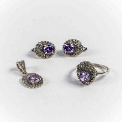 Set Bijuterii STILL Argint 925 - Pandantiv,  Inel,  Cercei, Ametist si Marcasite, Marime Inel 9, Violet