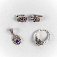 Set Bijuterii STILL Argint 925 - Pandantiv,  Inel,  Cercei, Ametist si Marcasite, Marime Inel 9, Violet